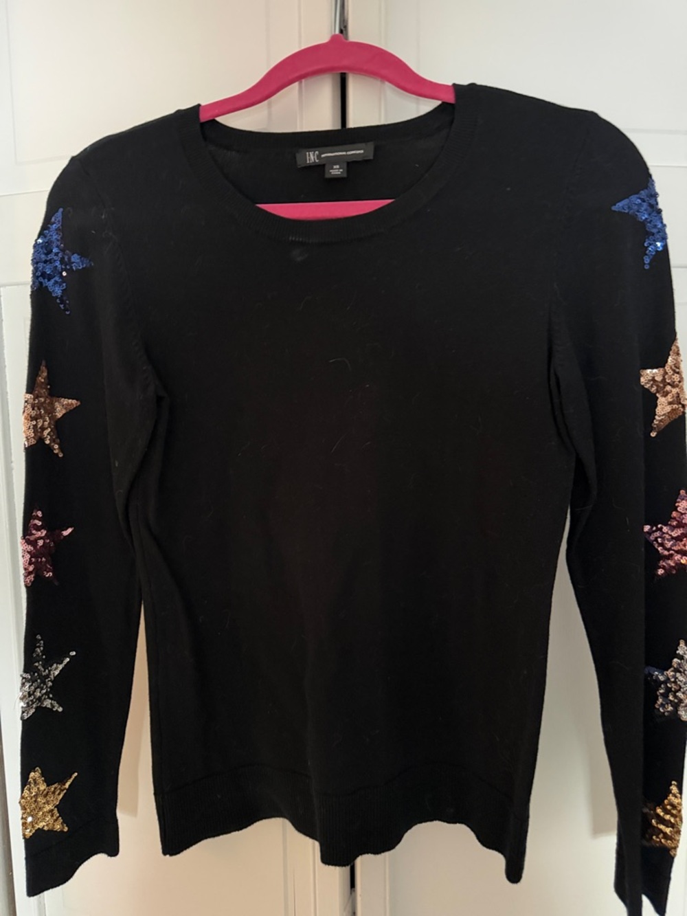 INC International Concepts Black Crewneck Sweater with Multicolor Sequin Stars